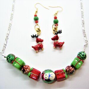 Christmas Lampwork Bead Necklace & Reindeer Earrings Set
